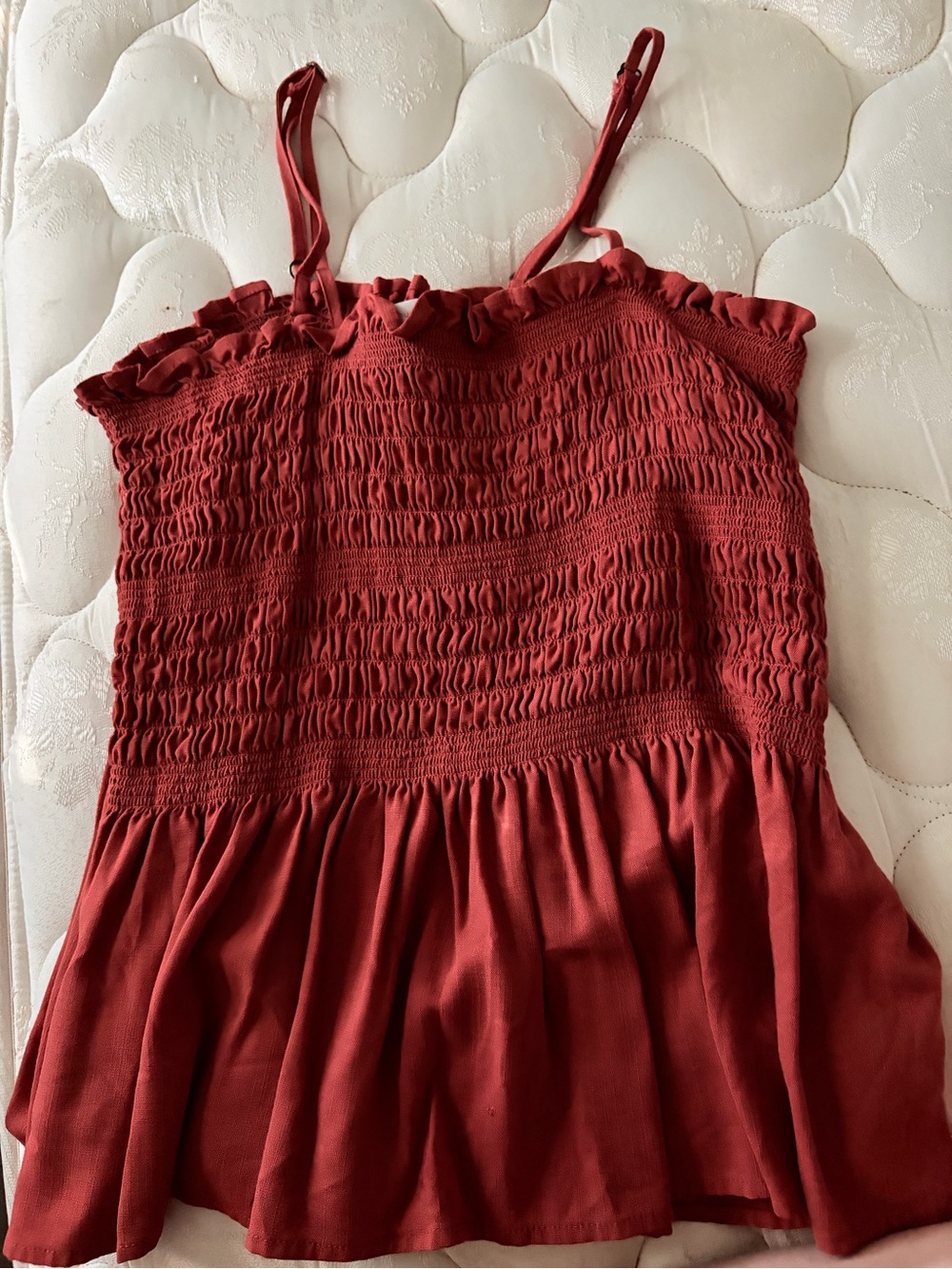 No Boundaries Ruffled Smocked Tank in Rust Red